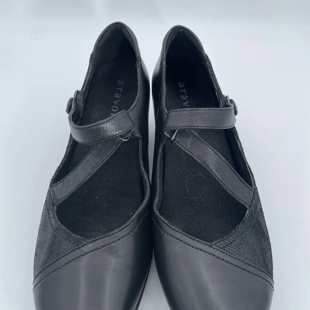 Aravon Leather Black Slip On Heels Womens US Size 11‎  Cross Strap Mary Jane